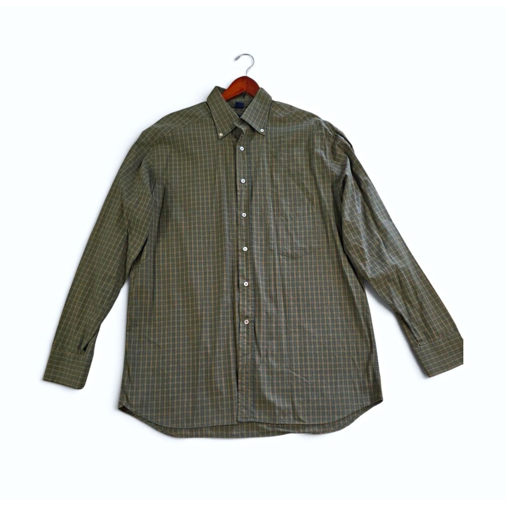 Jeff Rose Men's L Green Plaid Cotton Long Sleeve Point Collar Button Up Italy
